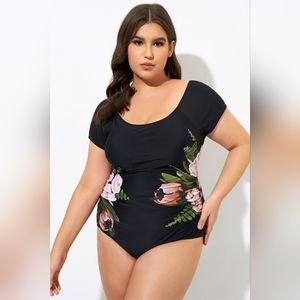 Swimsuit with Black Mesh Flower